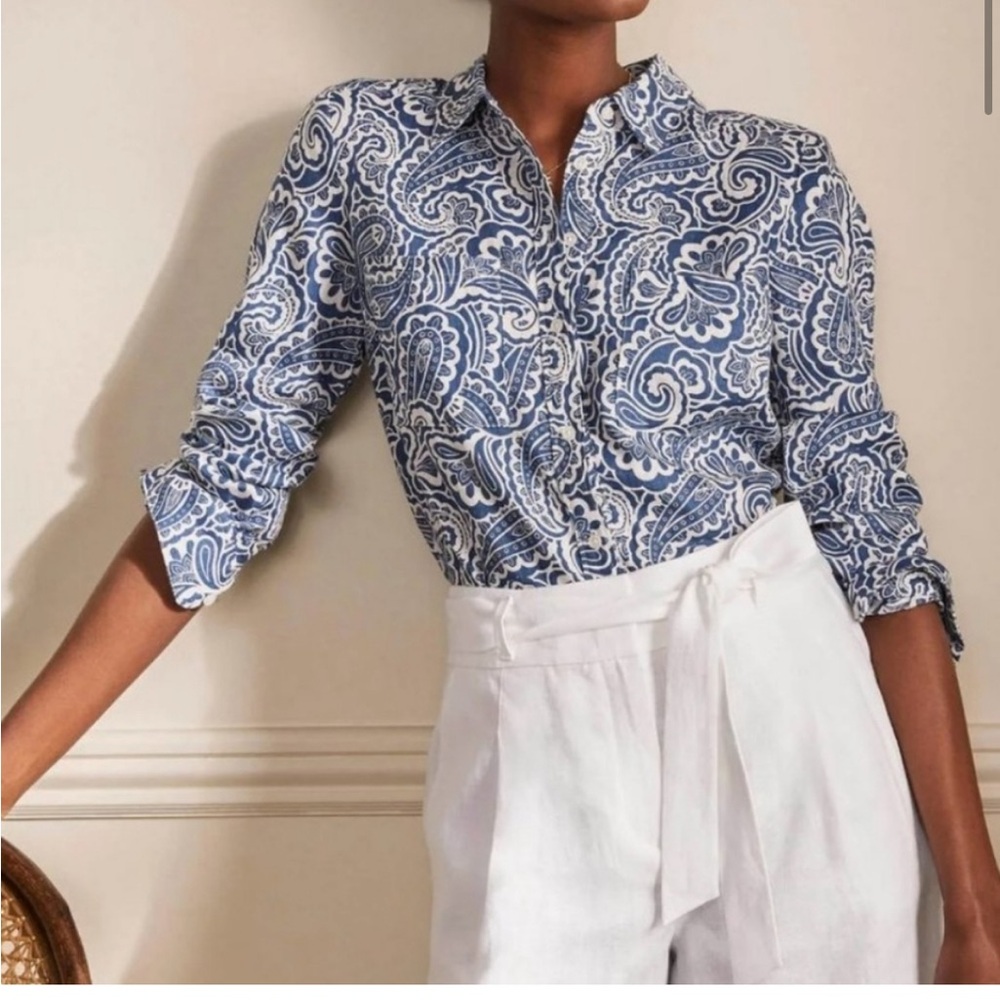 Boden Blue Paisley Print 100% Linen Long Sleeve Button Down Blouse Top Size 2